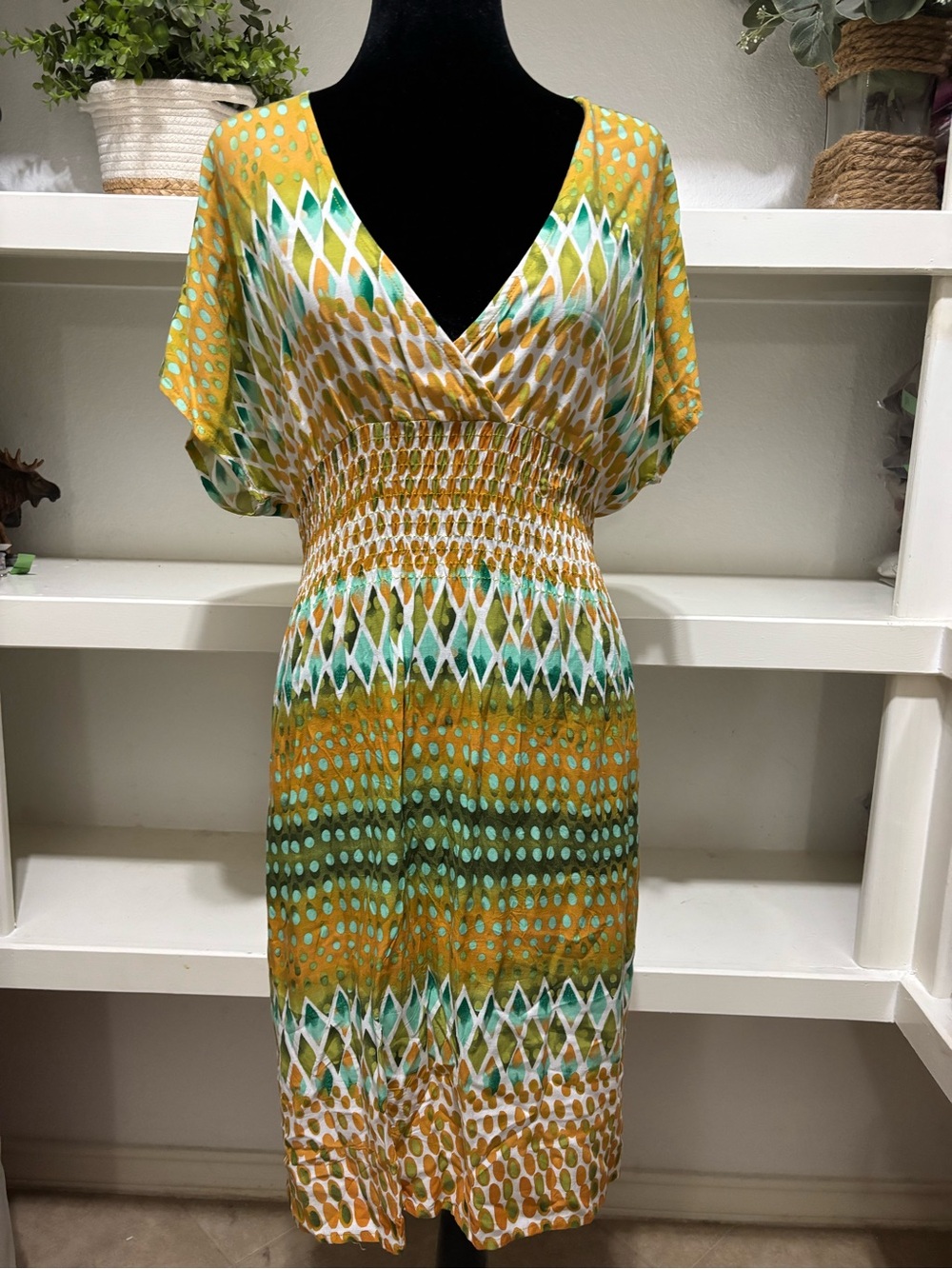Tiara Mustard & Teal Patterned V-Neck Midi Dress